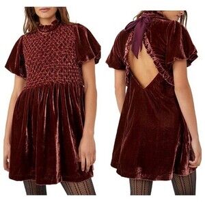 NWT Free People Gum Drop Velvet Dress Mini Smocked Maroon Chocolate Brown M